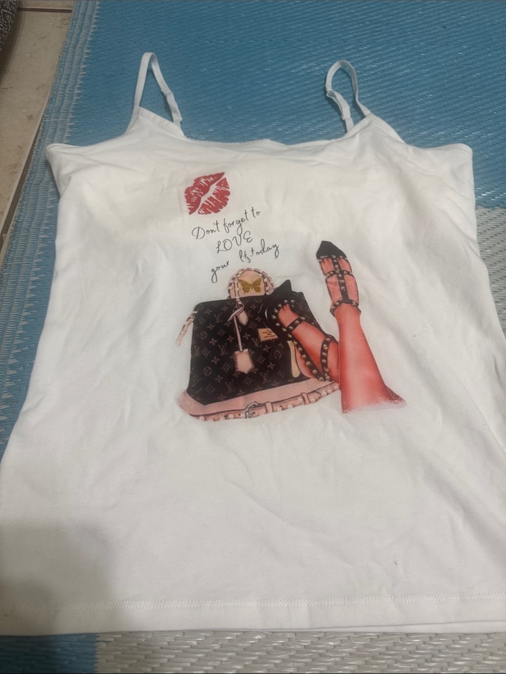 SO White Graphic Spaghetti Strap Tank with Pink and Black Print